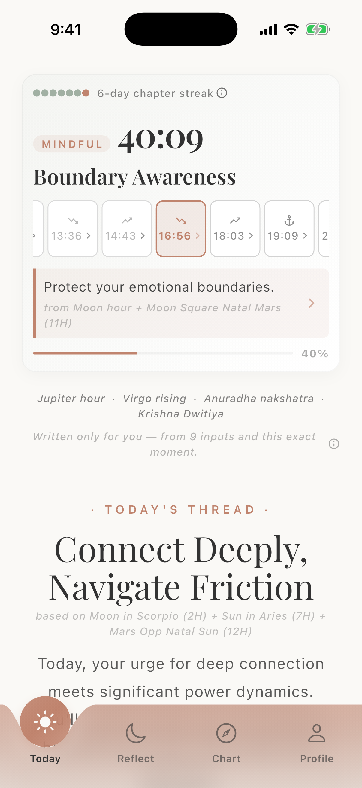 Cosmicly dashboard showing a live Hora countdown and the current guidance window